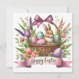 Tarjeta Festiva Ilustracion floral de conejo con cesta de pascua