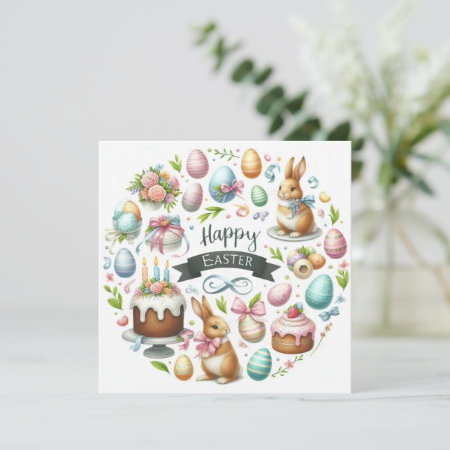 Tarjeta Festiva Ilustracion floral Pastel Easter Bunny (Anverso de pie)