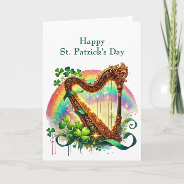Tarjeta Festiva Ilustracion Harp del Día de San Patricio (Anverso)