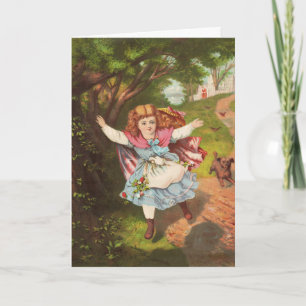 Tarjeta Festiva Ilustración litográfica de niña y perro retro
