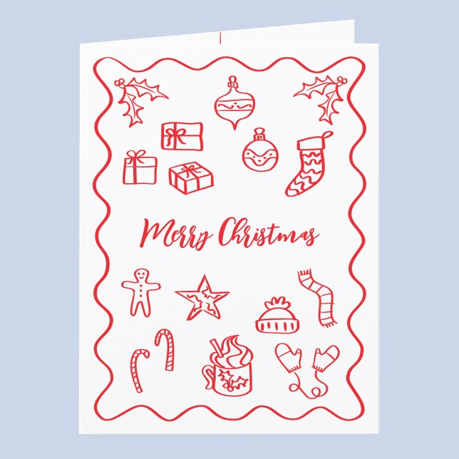 Tarjeta Festiva Ilustración moderna de garabatos en rojo y blanco (Fun hand drawn scribble doodle red and white personalized custom text Christmas holiday card)