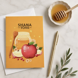 Tarjeta Festiva Ilustración Moderna de Shana Tova Manzanas y Miel
