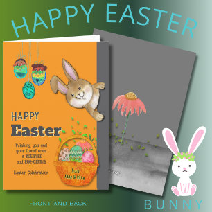 Tarjeta Festiva Ilustracion Naranja Easter Bunny EGG-CITING