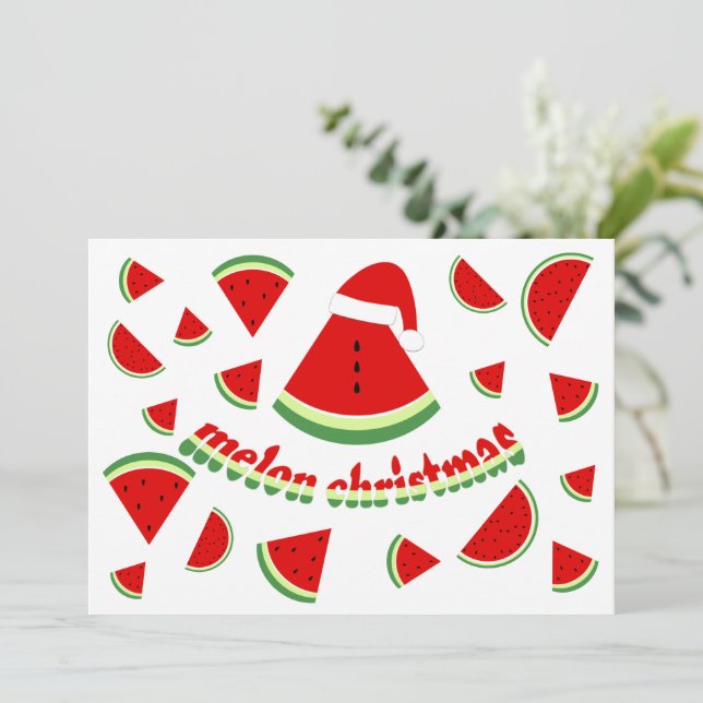 Tarjeta Festiva Ilustracion navideño Cute Melon Merry (Anverso de pie)