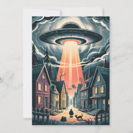 Tarjeta Festiva Ilustración nocturna de abducción OVNI en la calle
