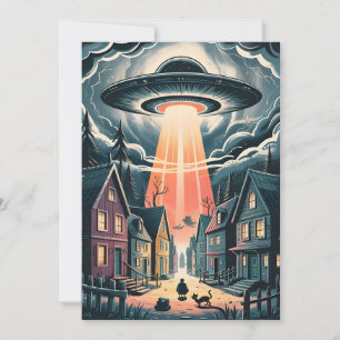 Tarjeta Festiva Ilustración nocturna de abducción OVNI en la calle