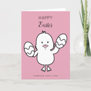 Tarjeta Festiva Ilustracion Pastel Rosa Cute Pascua de Chick y Hue