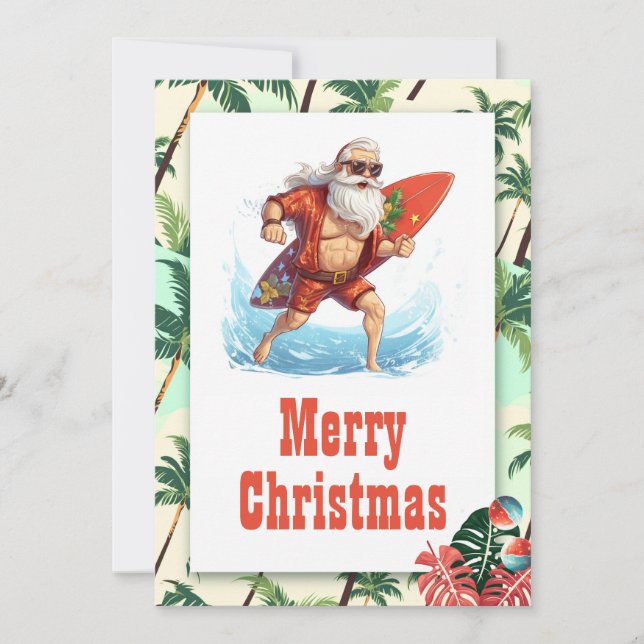 Tarjeta Festiva Ilustracion Personalizado de Santa Claus Surfer (Anverso)