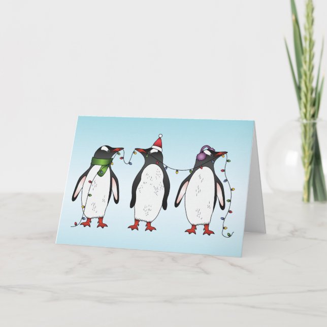 Tarjeta Festiva Ilustracion Pingüinos de tres Navidades festivos (Anverso)