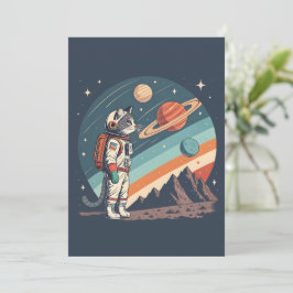 Tarjeta Festiva Ilustración Retro de Gato Astronauta Espacio Cósmi