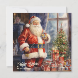 Tarjeta Festiva Ilustracion Retro Santa Claus con regalos