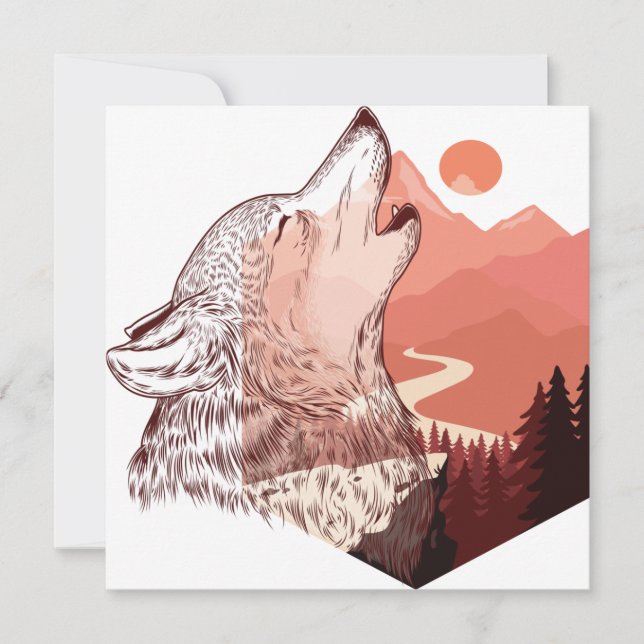 Tarjeta Festiva Ilustracion vectorial de un lobo aullante Paisaje  (Anverso)
