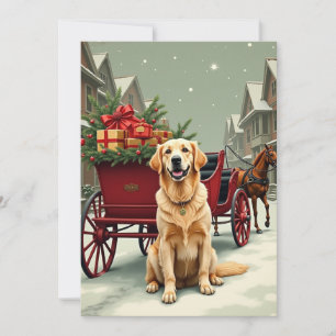 Tarjeta Festiva Ilustración vintage de Golden Retriever en un carr