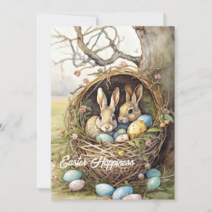 Tarjeta Festiva Ilustraciones retro a dos conejos en huevos de ces