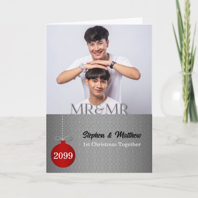 Tarjeta Festiva ilver Damask Mr. y Mr. 1st Navidades Photo (Anverso)