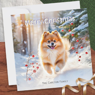 Tarjeta Festiva Imagen de perro pomerania en la nieve Feliz Navida