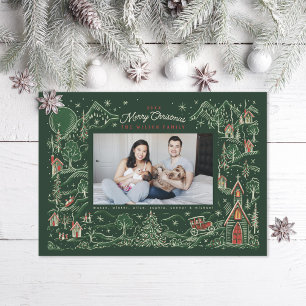 Tarjeta Festiva Imagen ilustrada de Little Town Winter Scene Green