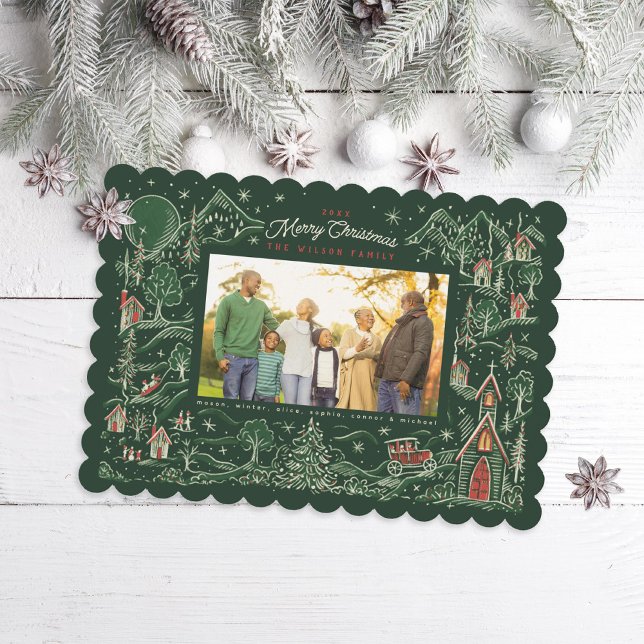 Tarjeta Festiva Imagen ilustrada de Little Town Winter Scene Green (Subido por el creador)