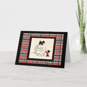 Tarjeta Festiva Imagen vintage de perro Scottie feliz año nuevo