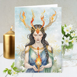 Tarjeta Festiva Imbolc: La llama de la diosa Wiccan y el copo de n