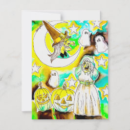 Tarjeta Festiva Impresión artística divertida de bruja de Hallowee