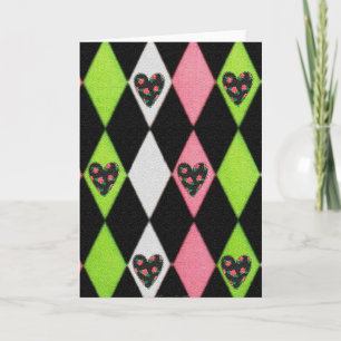 Tarjeta Festiva Impresión colorida Harlequin con corazón Rosa