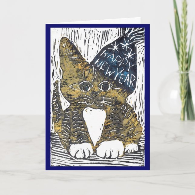 Tarjeta Festiva Impresión de bloque de gato de la Feliz Año Nuevo (Anverso)