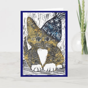 Tarjeta Festiva Impresión de bloque de gato de la Feliz Año Nuevo