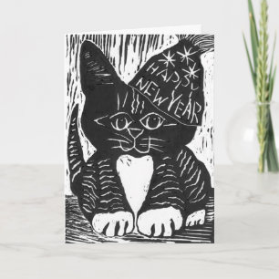 Tarjeta Festiva Impresión de bloques de gatos de Año Nuevo