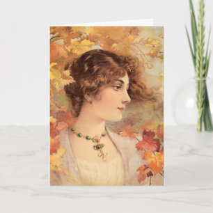 Tarjeta Festiva Impresión de Mujer de Otoño Art Nouveau con Follaj