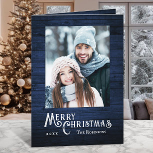 Tarjeta Festiva Impresión de plancha de madera azul con estilo rús