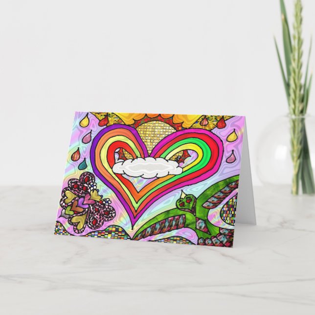 Tarjeta Festiva Impresión psicodélica de arte cardíaco arcoiris (Anverso)