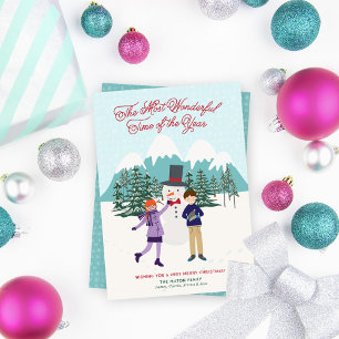 Tarjeta Festiva Impresionante muñeco de nieve y niños sin foto