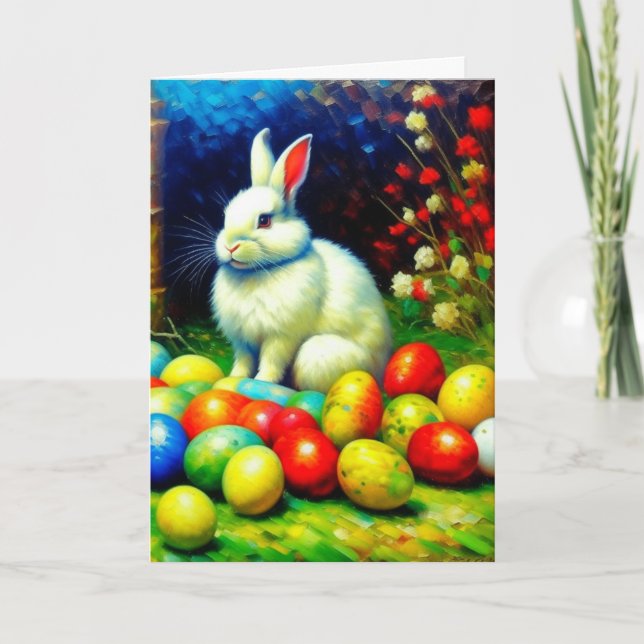 Tarjeta Festiva Impresionismo Bunny de Pascua con huevos (Anverso)