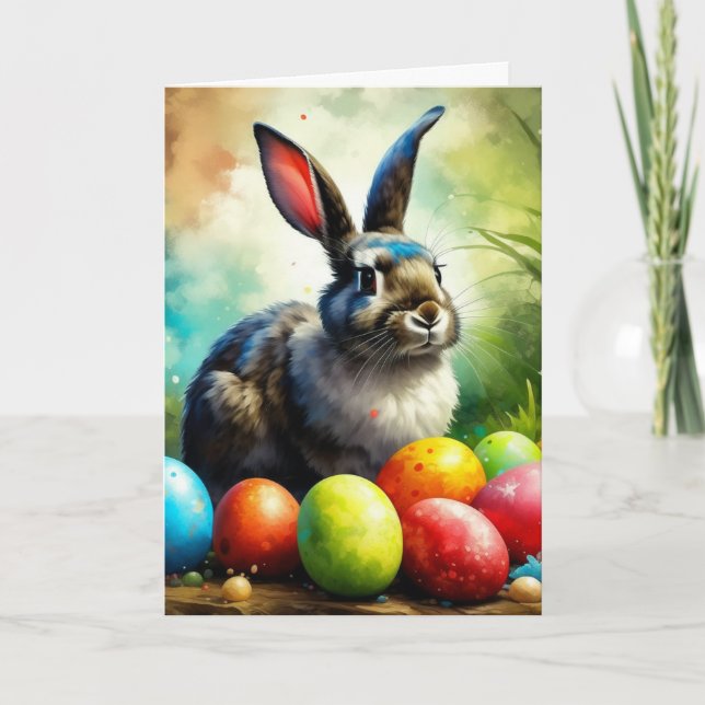 Tarjeta Festiva Impresionismo Gris y White Easter Bunny (Anverso)