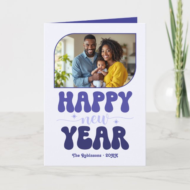 Tarjeta Festiva Indigo Bliss Happy New Year Retro Groovy Photo (Anverso)