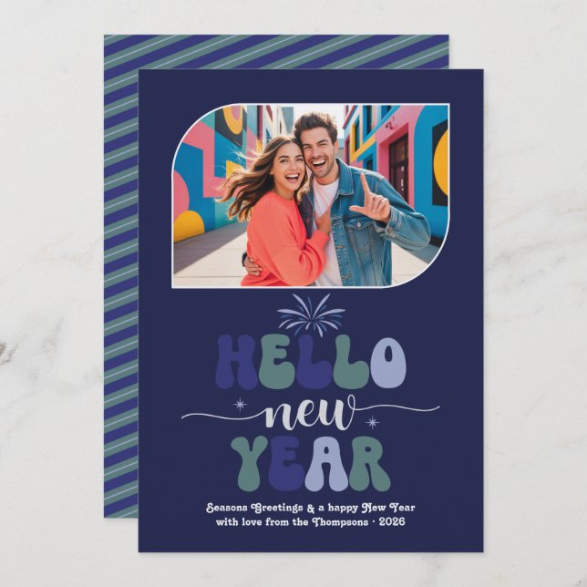 Tarjeta Festiva Indigo Horizon Hello New Year Blue Retro Photo (Anverso / Reverso)
