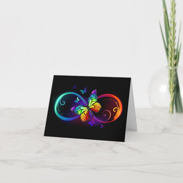 Tarjeta Festiva Infinidad vibrante con mariposa arco iris sobre ne (Anverso)