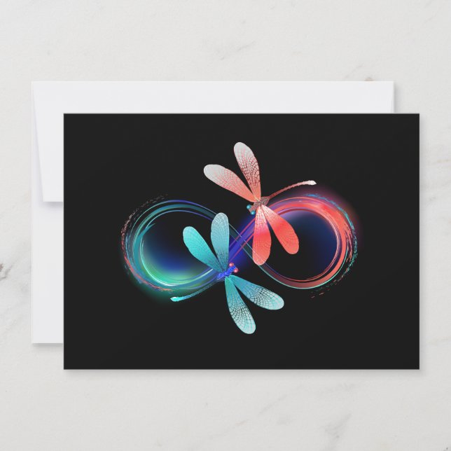 Tarjeta Festiva Infinito con libélulas brillantes (Anverso)