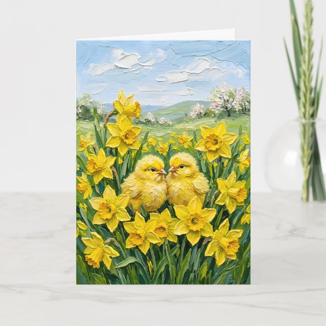 Tarjeta Festiva Inspiring Spring Baby Chicks Daffodils Easter Art (Anverso)