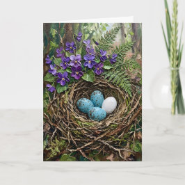 Tarjeta Festiva Inspiring Spring Bird Nest Violets Impasto Easter