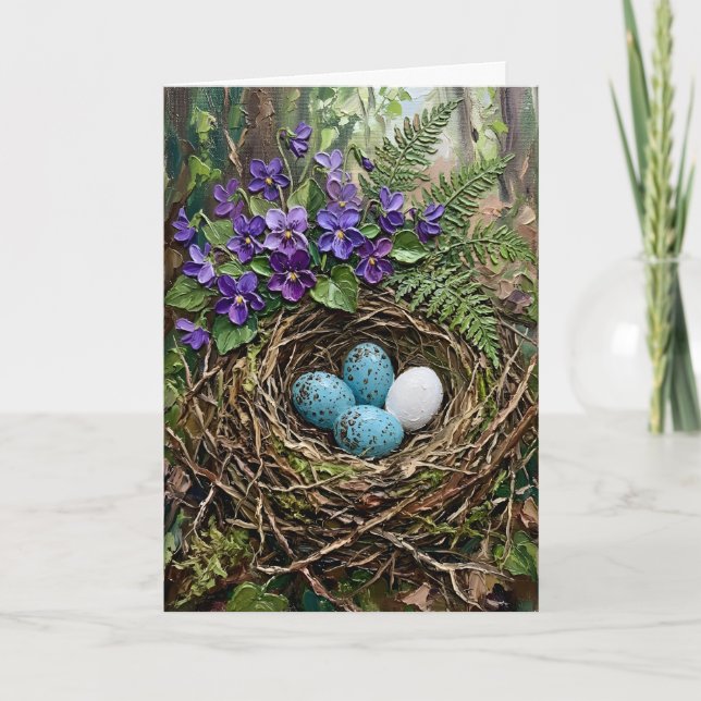 Tarjeta Festiva Inspiring Spring Bird Nest Violets Impasto Easter (Anverso)