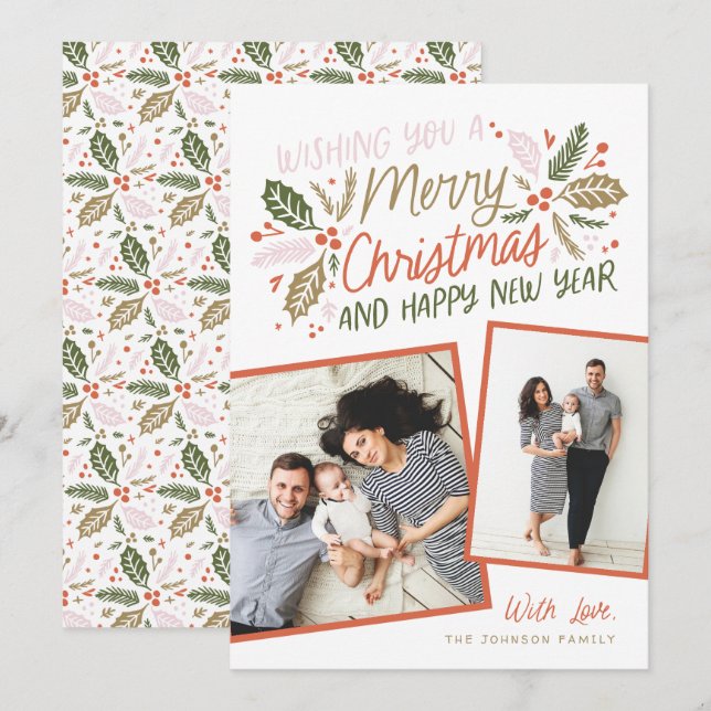 Tarjeta Festiva Instantánea inclinada de Holly de época rojo multi (Anverso / Reverso)