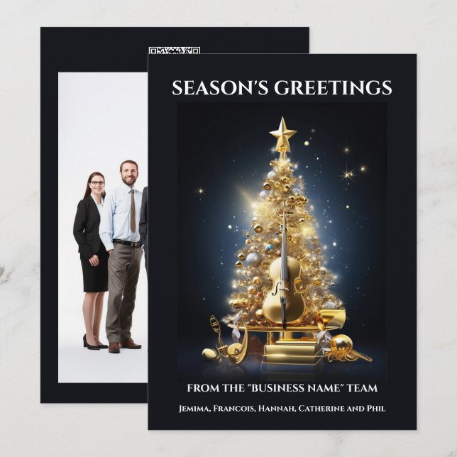 Tarjeta Festiva Instrumentos orquestales navidades violín cello (Anverso / Reverso)