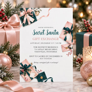 Tarjeta Festiva Intercambio de Regalos de Santa Secreto Rosa y Nav