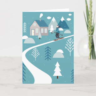 Tarjeta Festiva Invernales caprichosos esquí en azul turquesa