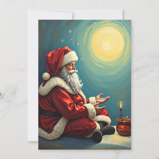 Tarjeta Festiva Invierno Anciano Divertido Santa Claus Meditando (Anverso)