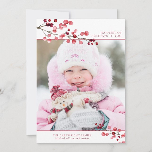 Tarjeta Festiva Invierno Berries Felices Fiestas Una Foto (Anverso)