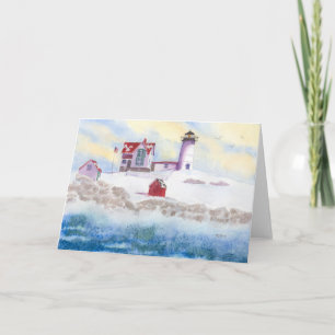 Tarjeta Festiva invierno en el faro de la protuberancia pequeña en
