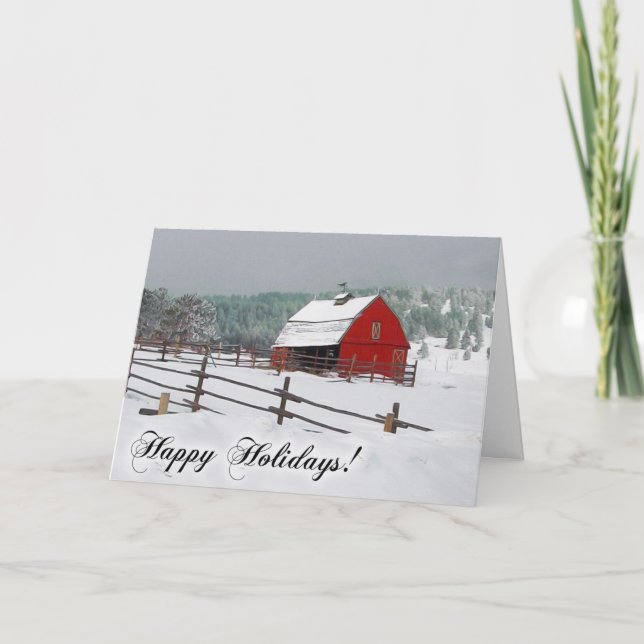 Tarjeta Festiva Invierno Escena de Nieve con el Red Barn, Felices  (Anverso)